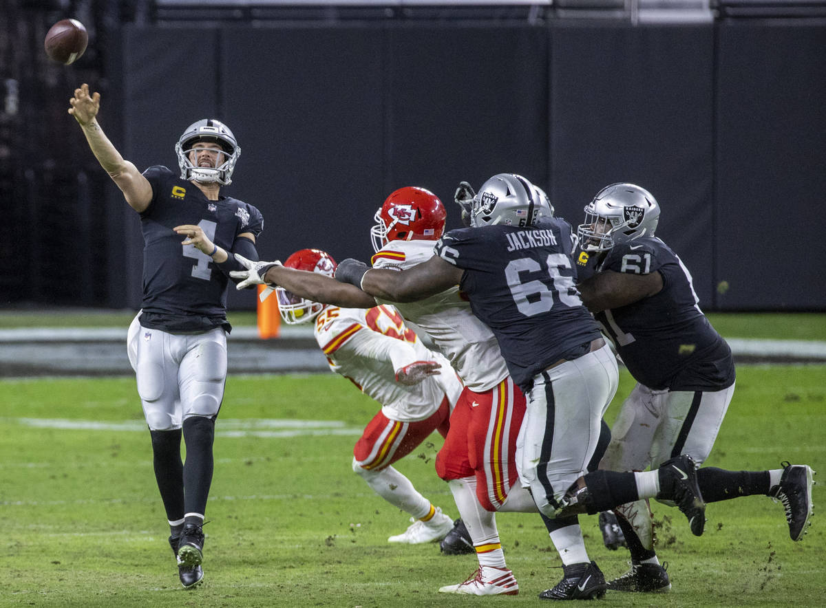 Las Vegas Raiders quarterback Derek Carr (4) gets off a pass under pressure by the Kansas City ...