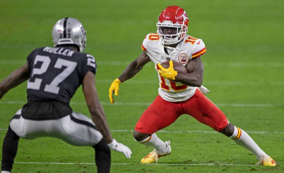 Kansas City Chiefs wide receiver Tyreek Hill (10) makes a move up field against Las Vegas Raide ...