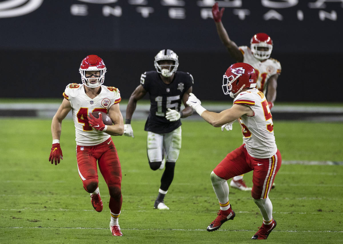 Kansas City Chiefs free safety Daniel Sorensen (49) streaks down the sideline pat Las Vegas Rai ...