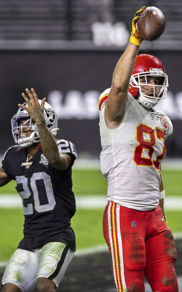 Kansas City Chiefs tight end Travis Kelce (87) celebrates after catching the winning touchdown ...