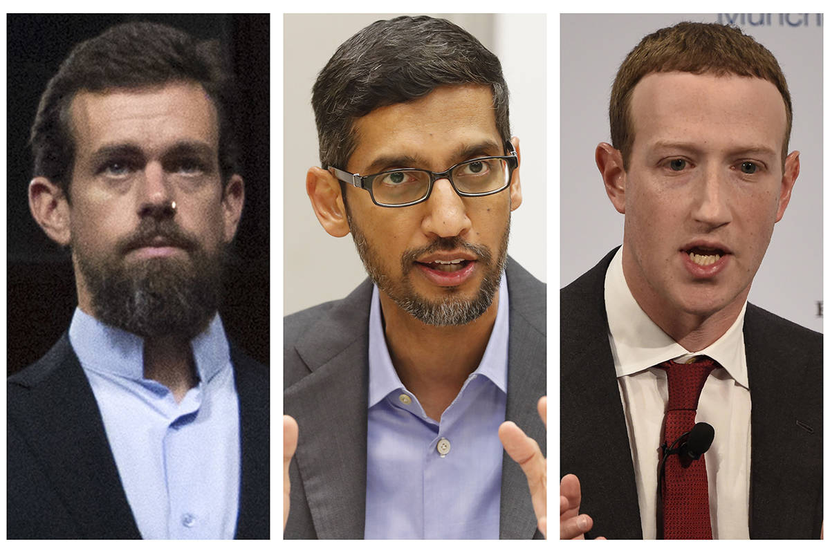 Twitter CEO Jack Dorsey, from left, Google CEO Sundar Pichai, and Facebook CEO Mark Zuckerberg. ...