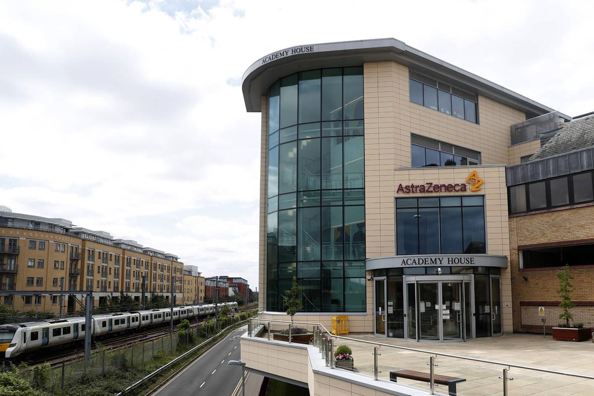 FILE - In this Saturday, July 18, 2020 file photo a general view of AstraZeneca offices and the ...