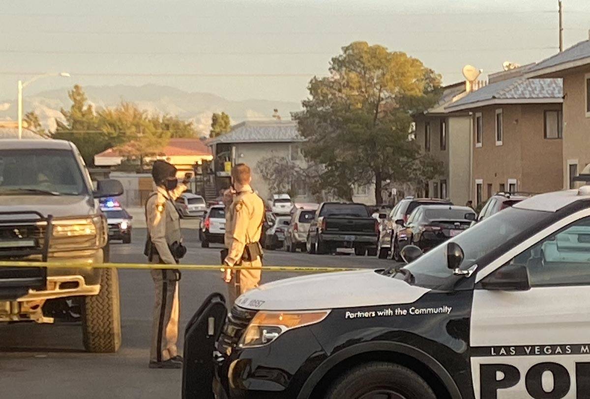 Las Vegas police investigate the shooting of a woman in the 1300 block of Kari Lee Court, near ...