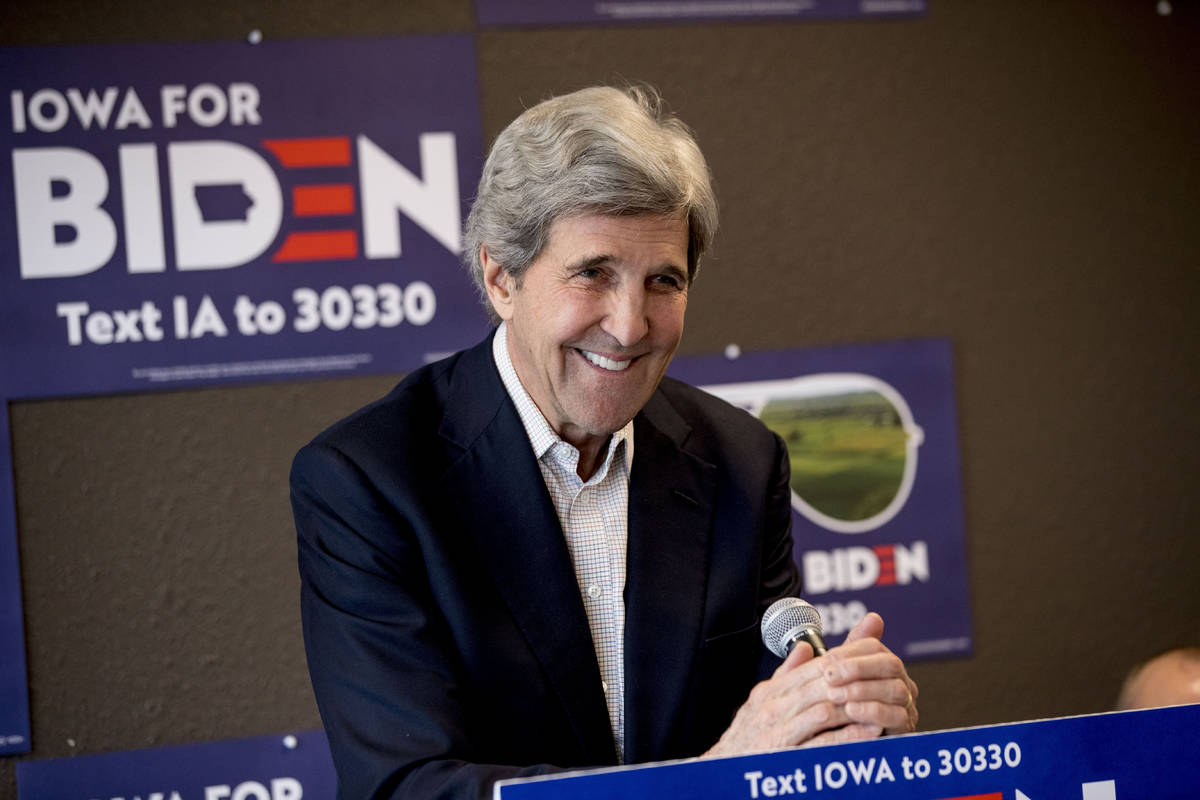 FILE - In this Jan. 9, 2020, file photo former Secretary of State John Kerry smiles while speak ...