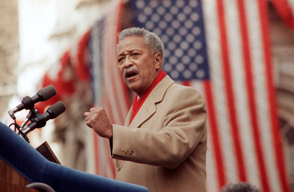 FILE - In this Monday, Jan. 2, 1990, file photo, David Dinkins delivers his first speech as may ...