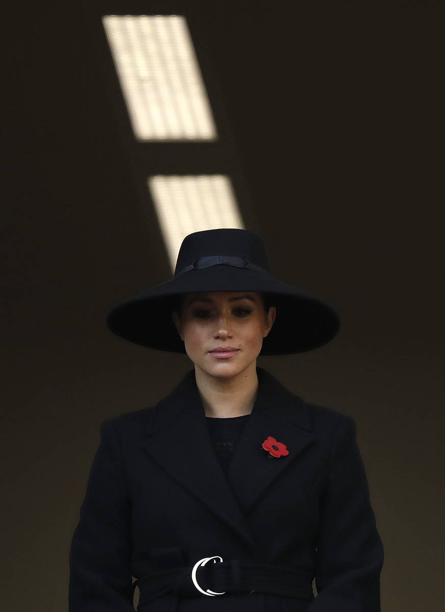 FILE - In this Sunday, Nov. 10, 2019 file photo Meghan, Duchess of Sussex attends the Remembran ...