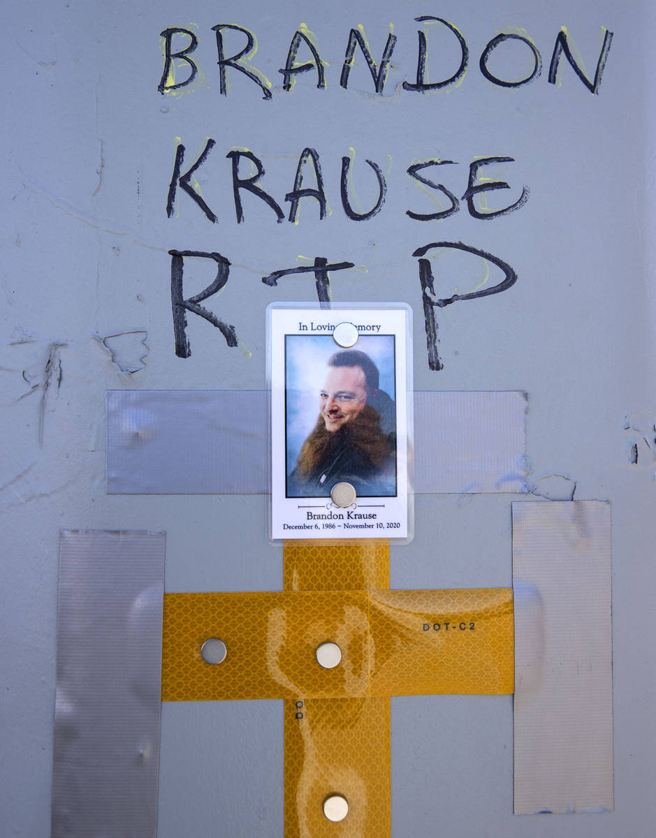 A photograph of Brandon Krause, who was killed in a Nov. 10 car crash, is posted at a makeshift ...