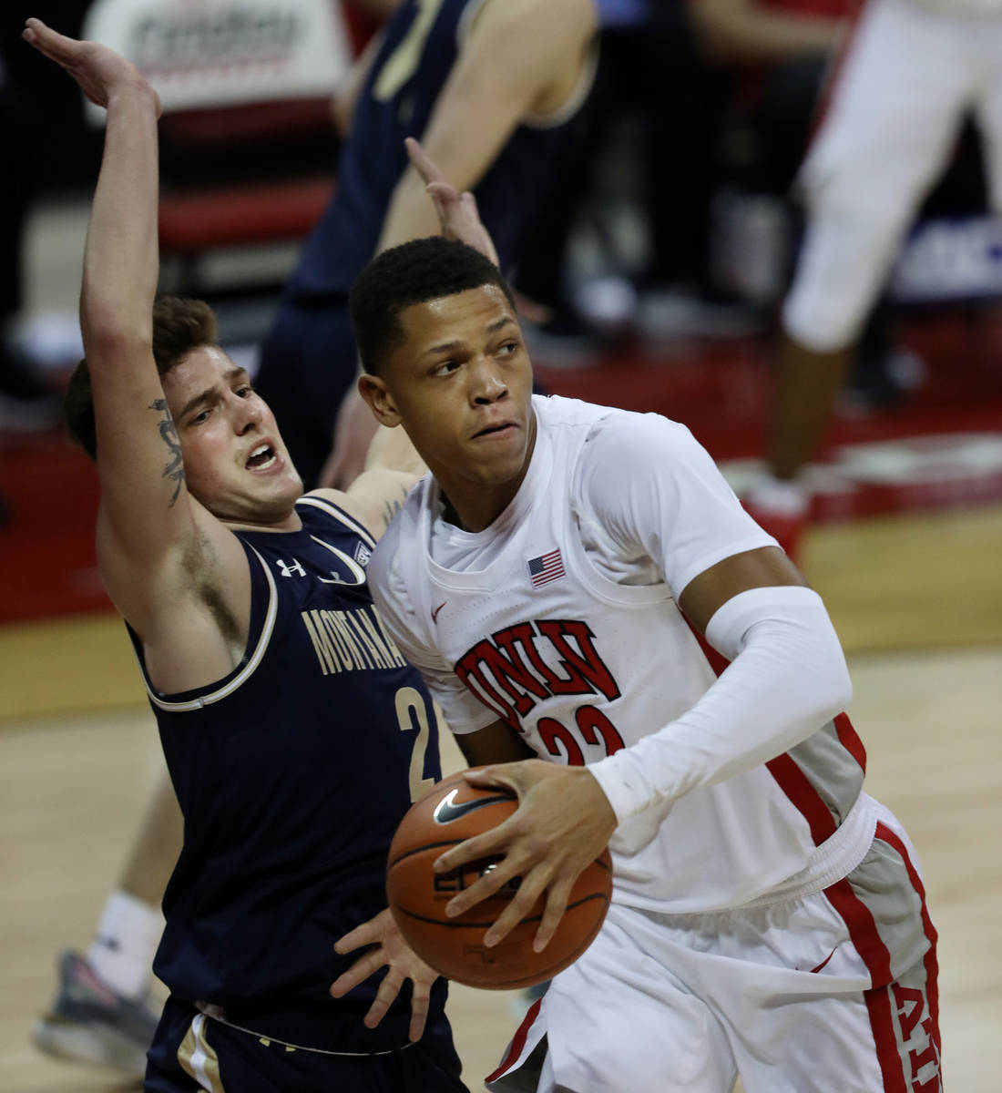 UNLV Rebels guard Nicquel "Nick" Blake (22) is pressured by Montana State Bobcats gua ...