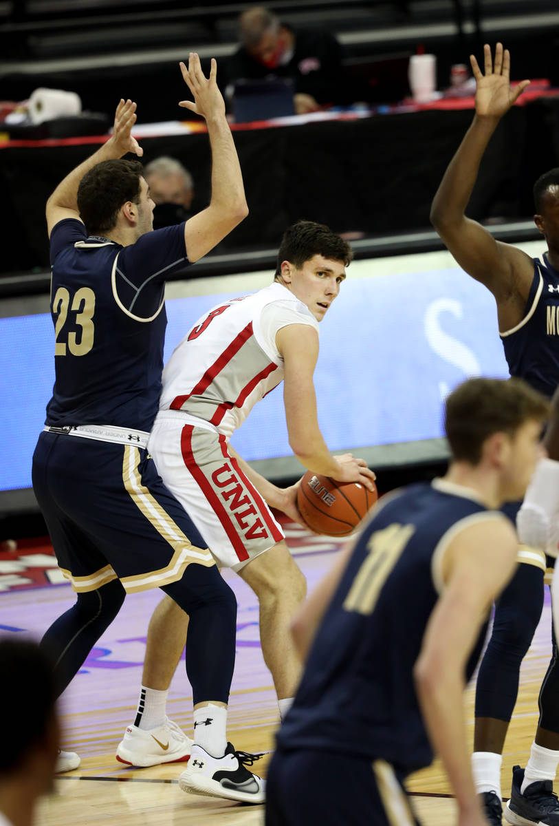 UNLV Rebels guard Caleb Grill (3) is guarded by Montana State Bobcats forward Borja Fernandez ( ...