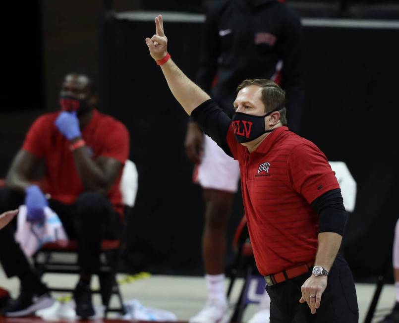 UNLV Rebels head coach T. J. Otzelberger reacts after a play against Montana State Bobcats duri ...