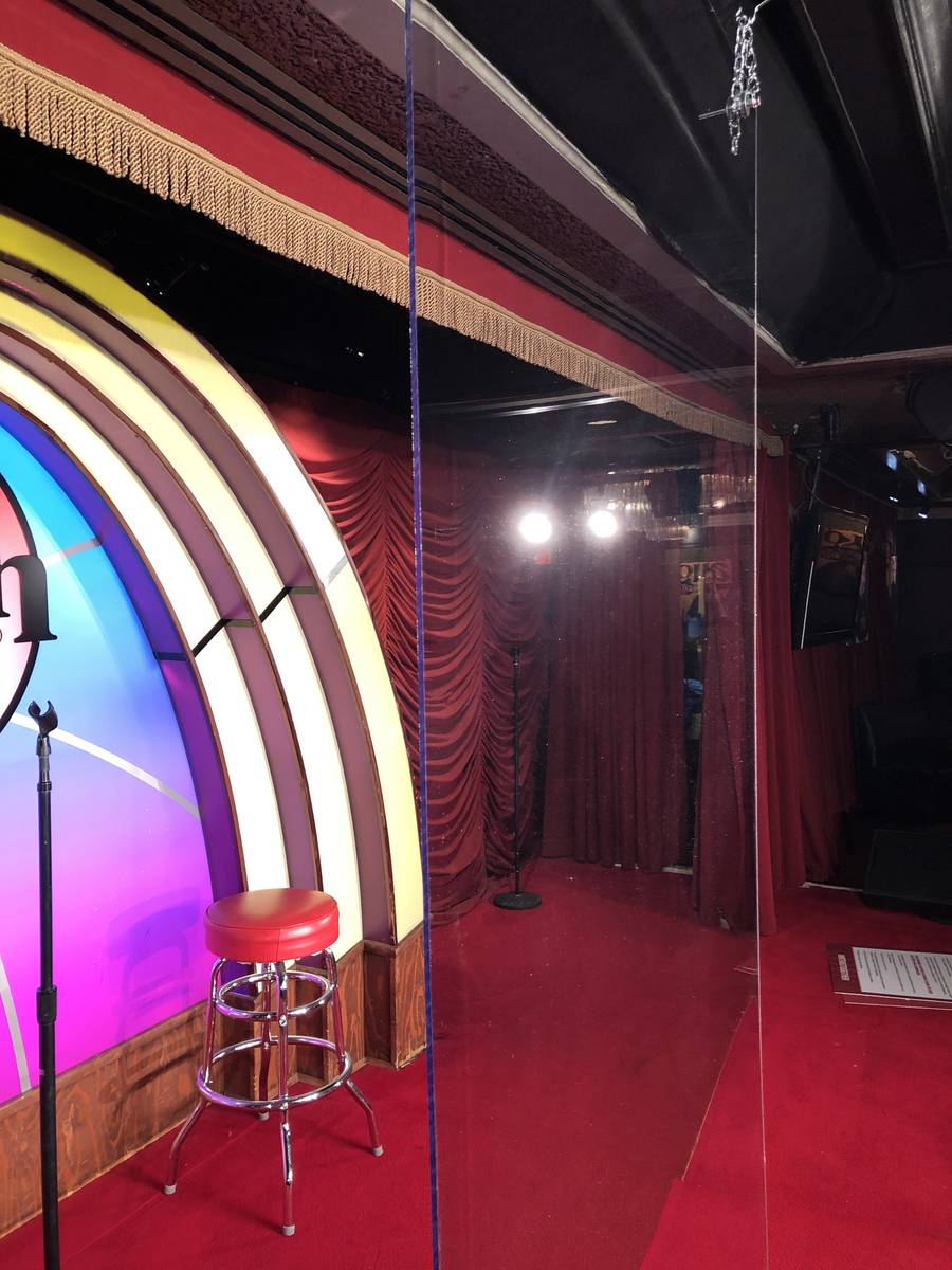 The stage at the Laugh Factory at the Tropicana, with a plexiglass barrier, as it is set for An ...