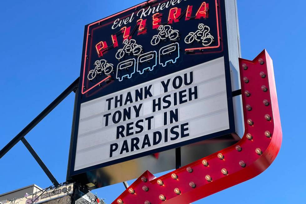 A message to Tony Hsieh is posted at Evel Pie in Las Vegas, Saturday, Nov. 28, 2020. (Kevin Ca ...