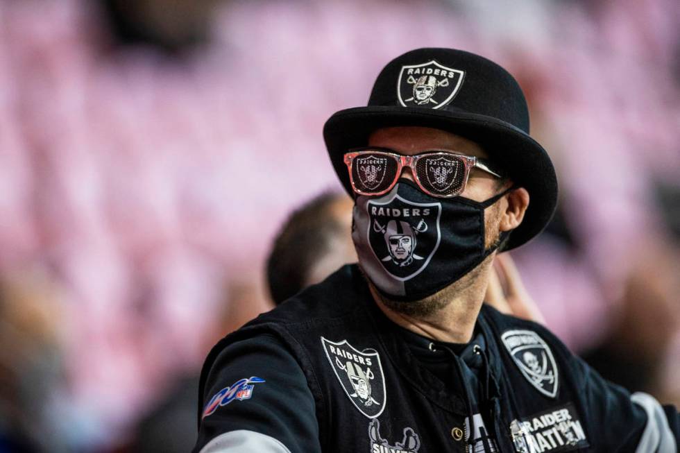 Raiders fans during an NFL football game against the Atlanta Falcons on Sunday, Nov. 29, 2020, ...