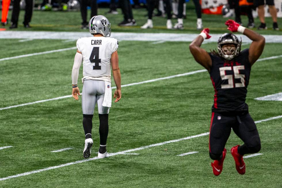 Atlanta Falcons defensive end Steven Means (55) celebrates his strip sack as Las Vegas Raiders ...