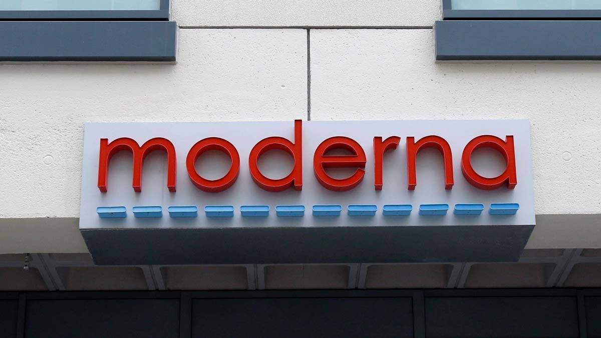 In this Monday, May 18, 2020, file photo, a sign marks an entrance to a Moderna, Inc., building ...