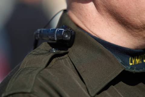 Las Vegas police Sgt. Peter Ferranti is photographed wearing a body camera during a media prese ...