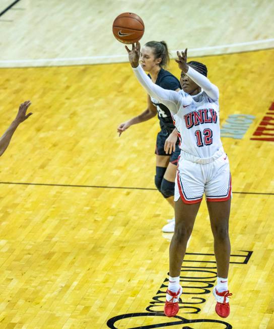 UNLV Lady Rebels forward Anna Blount (12) elevates for a shot over the Stanford Cardinal's duri ...