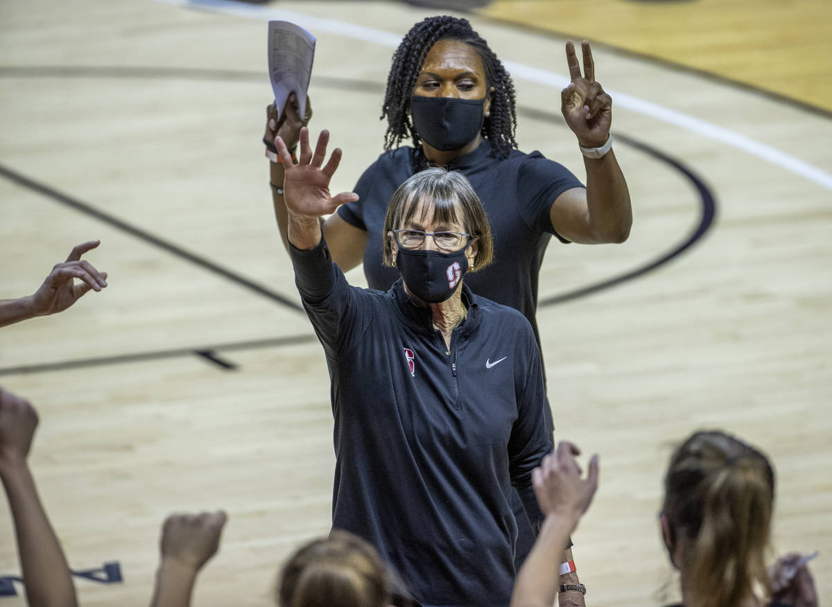 Stanford Cardinal head coach Tara VanDerveer talks to her team during a time out versus the UNL ...