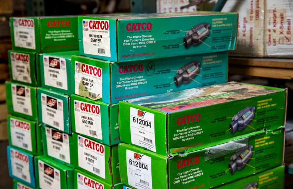 Catco catalytic converters in stock at the Supreme Automotive Warehouse on Nov. 24, 2020. (L.E. ...