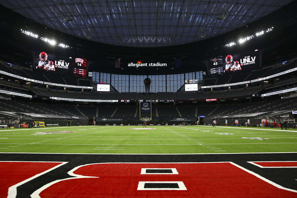 A view from the field at Allegiant Stadium after a UNLV football game against Wyoming in Las Ve ...