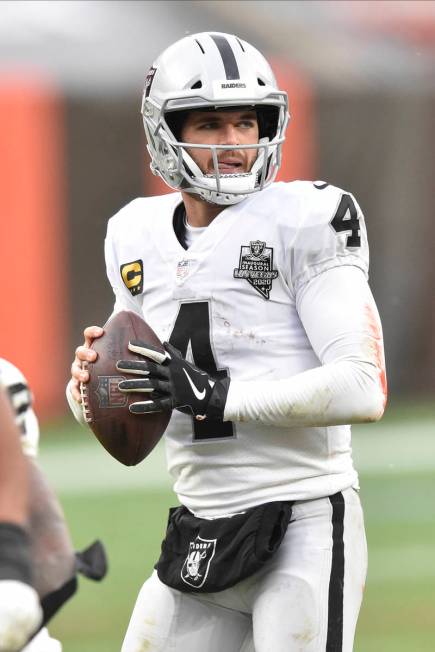 Las Vegas Raiders quarterback Derek Carr (4) looks to pass during an NFL football game against ...