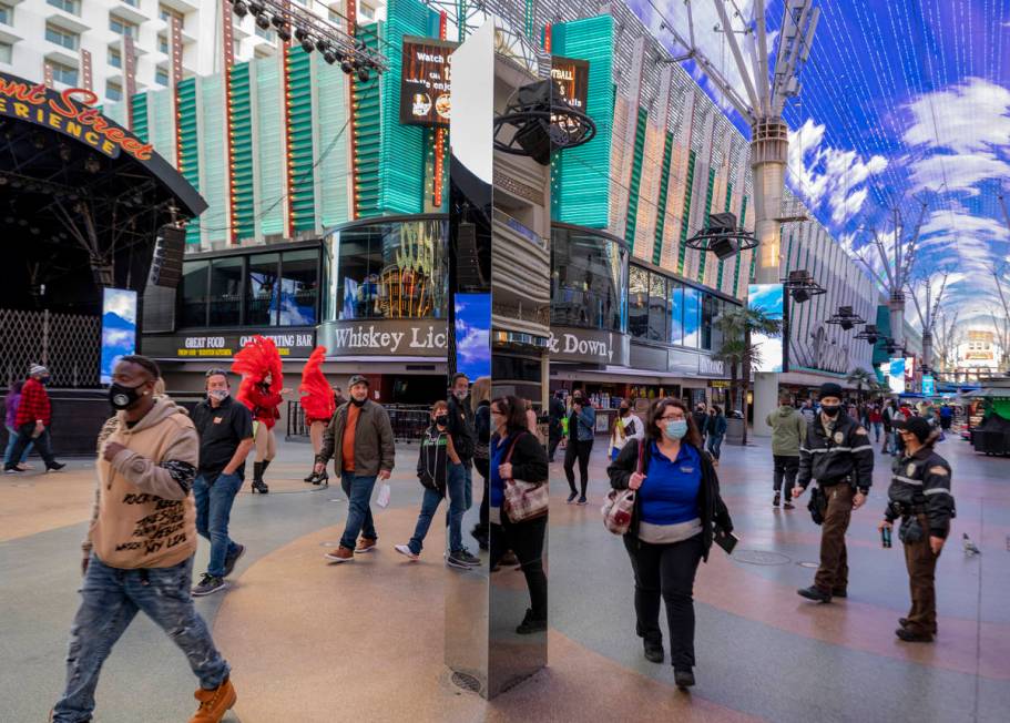 A 10-foot monolith stands under the Fremont Street Canopy in downtown Las Vegas Friday, Dec. 4, ...