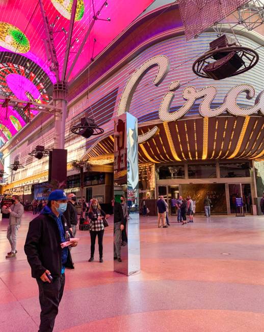 A 10-foot monolith stands under the Fremont Street canopy in Las Vegas Friday, Dec. 4, 2020. (E ...