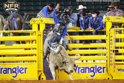 Stetson Wright of Milford, Utah, on the second day of the Wrangler National Finals Rodeo at Glo ...