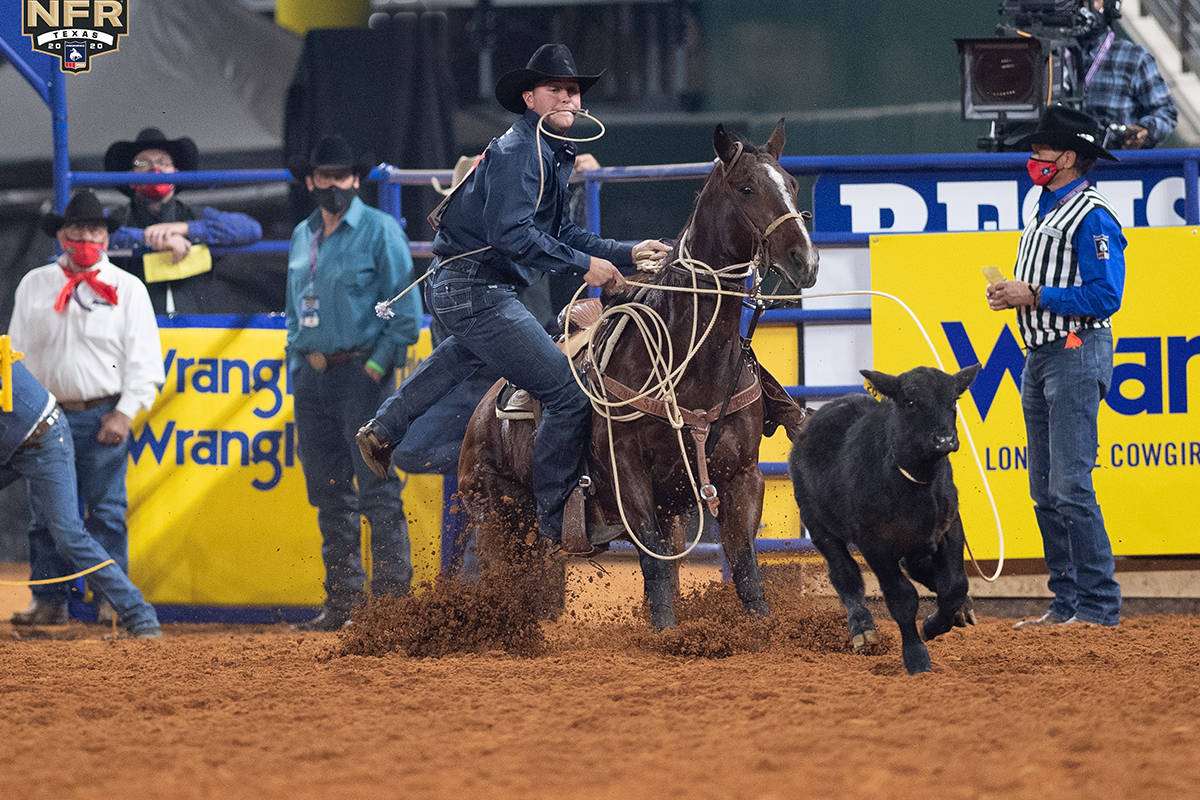 Tyler Milligan on Day 2 of the Wrangler National Finals Rodeo at Globe Life Field in Arlington, ...