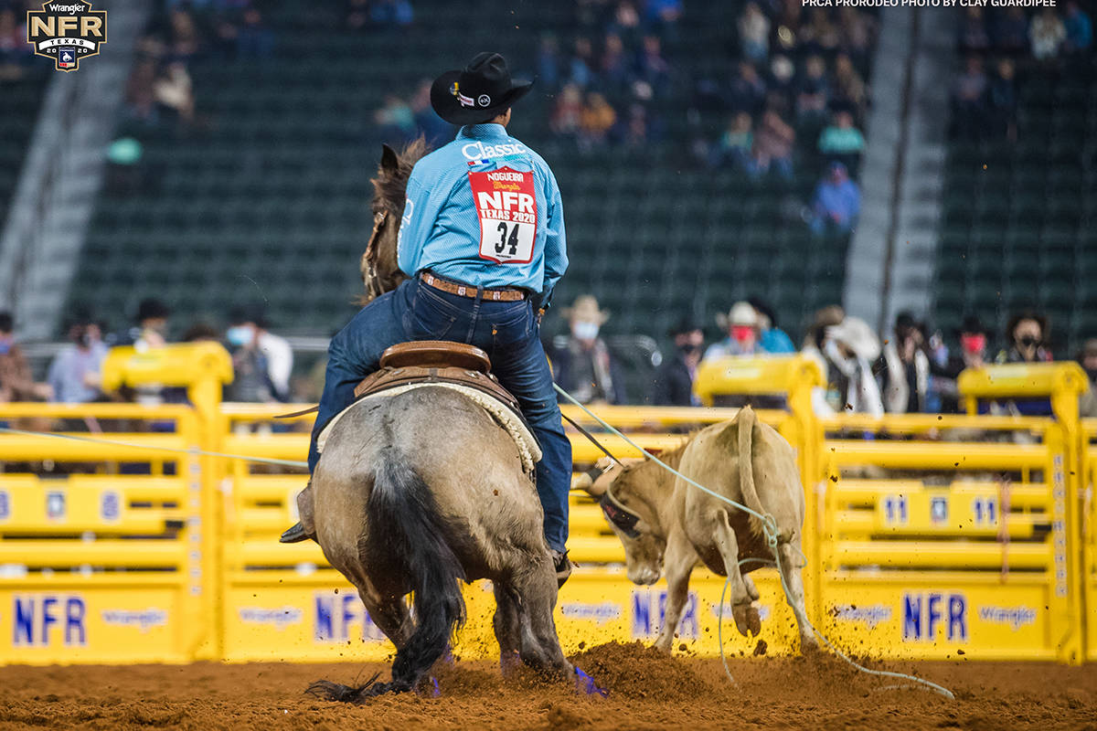 Junior Nogueira on Day 2 of the Wrangler National Finals Rodeo at Globe Life Field in Arlington ...