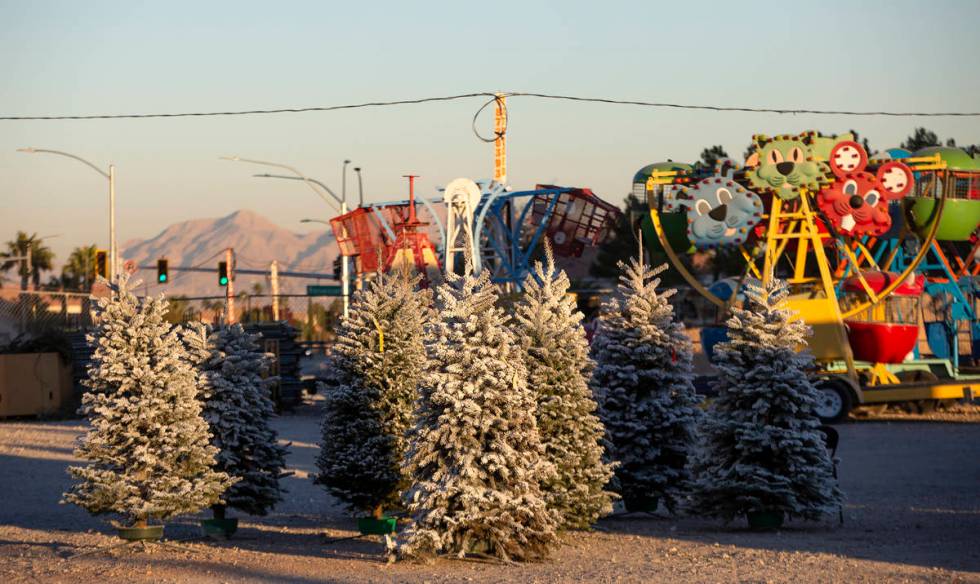 The sun sets on trees for sale at Rudolph's Christmas Trees on Saturday, Dec. 5, 2020, in Las V ...