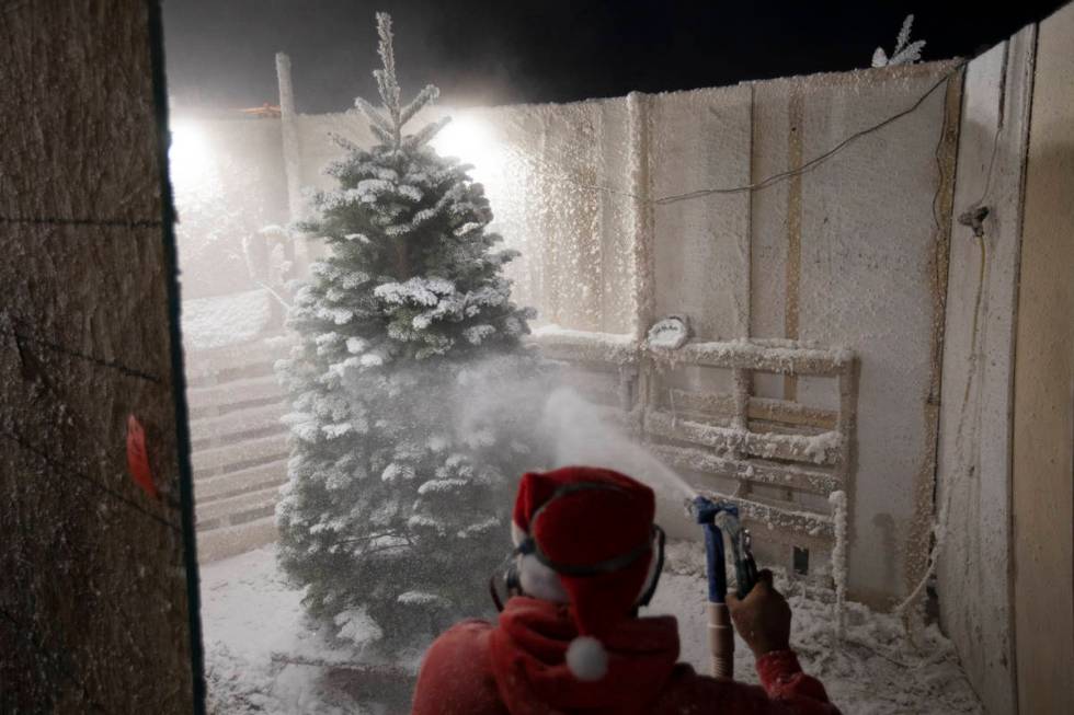 Chili Barragan frocks a tree at Rudolph's Christmas Trees on Saturday, Dec. 5, 2020, in Las Veg ...