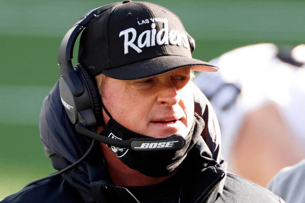 Las Vegas Raiders head coach Jon Gruden looks on before an NFL football game against the New Yo ...