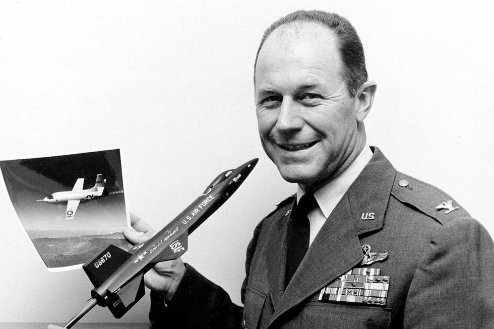 In this image provided by the U.S. Air Force, Colonel Charles Yeager holds an X-1 in which he w ...