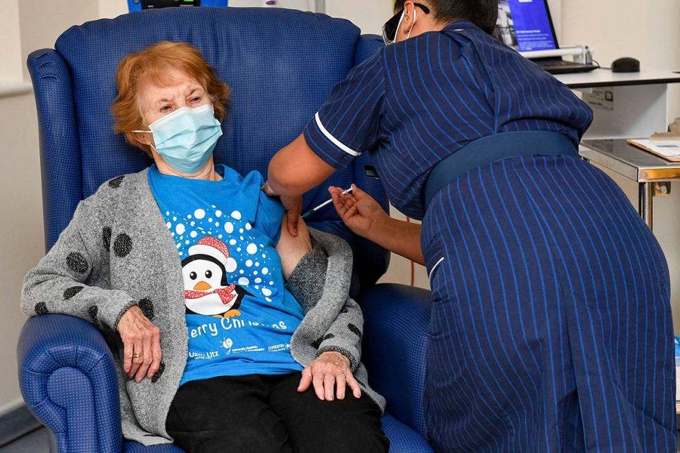 Margaret Keenan, 90, is the first patient in the UK to receive the Pfizer-BioNTech COVID-19 vac ...