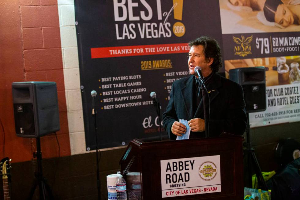 Paul Casey speaks by the "Abbey Road Crossing" on Fremont Street in downtown Las Vega ...