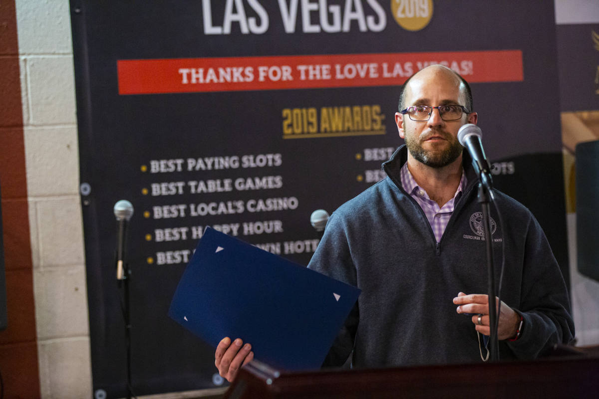 Las Vegas City Councilman Brian Knudsen speaks by the "Abbey Road Crossing" on Fremon ...