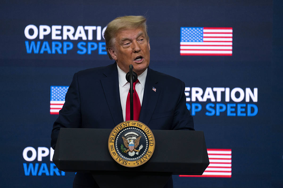 President Donald Trump speaks during an "Operation Warp Speed Vaccine Summit" on the ...