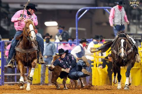 Jace Melvin performs during the fifth go-round of the National Finals Rodeo in Arlington, Texas ...