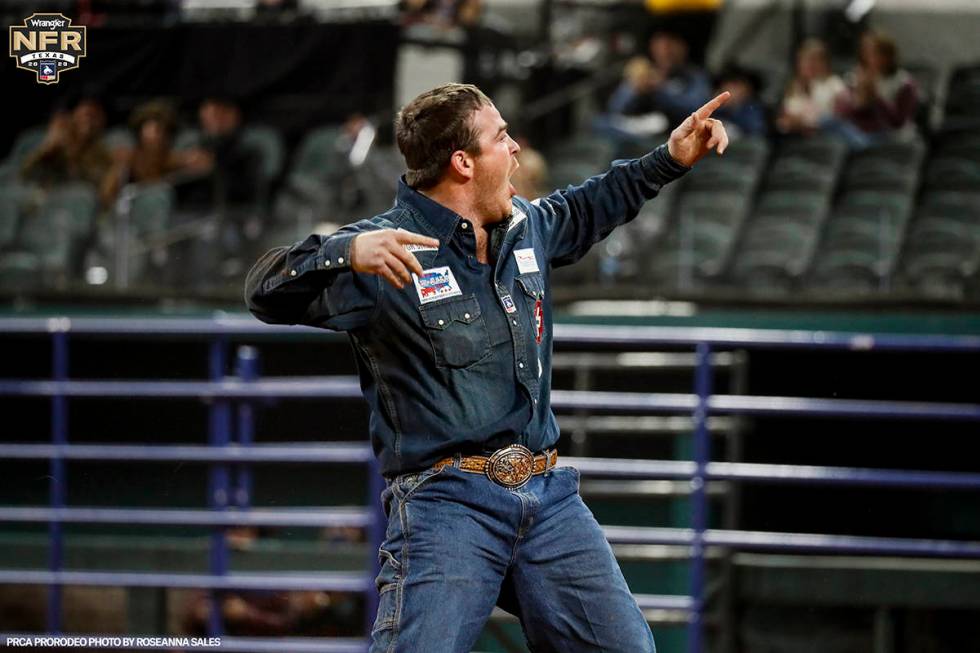 Jacob Edler reacts on Tuesday, Dec. 8, 2020 on Day 6 of the Nationals Finals Rodeo in Arlington ...