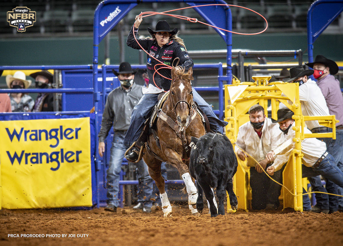Jackie Crawford performs on Tuesday, Dec. 8, 2020 on Day 6 of the Nationals Finals Rodeo in Arl ...