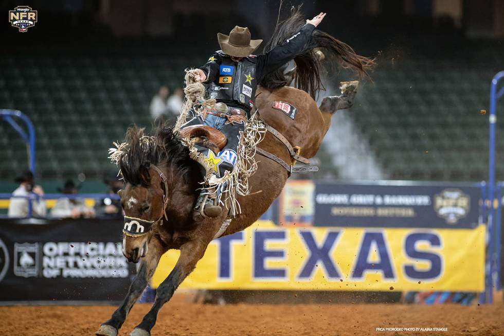 Zeke Thurston performs on Tuesday, Dec. 8, 2020 on Day 6 of the Nationals Finals Rodeo in Arlin ...