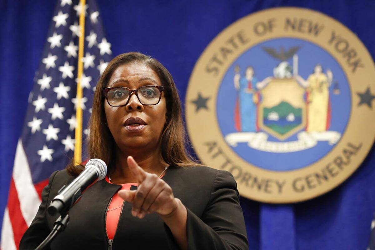 New York State Attorney General Letitia James takes a question at a news conference in New York ...