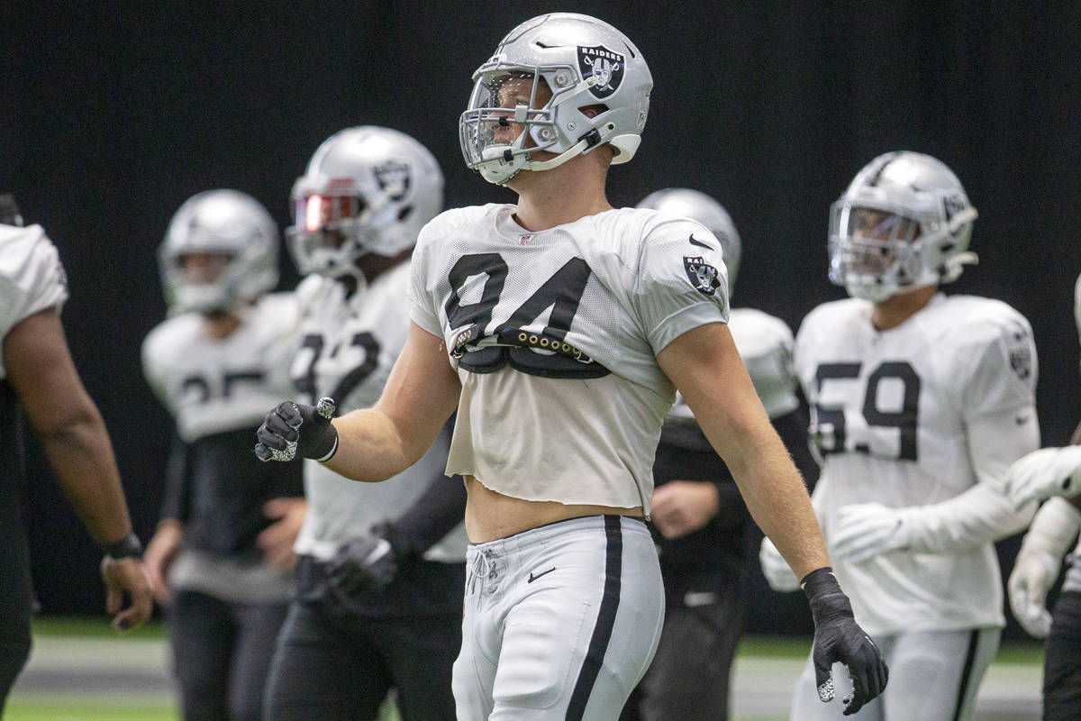 Las Vegas Raiders defensive end Carl Nassib (94) warms up during a practice session at the Inte ...