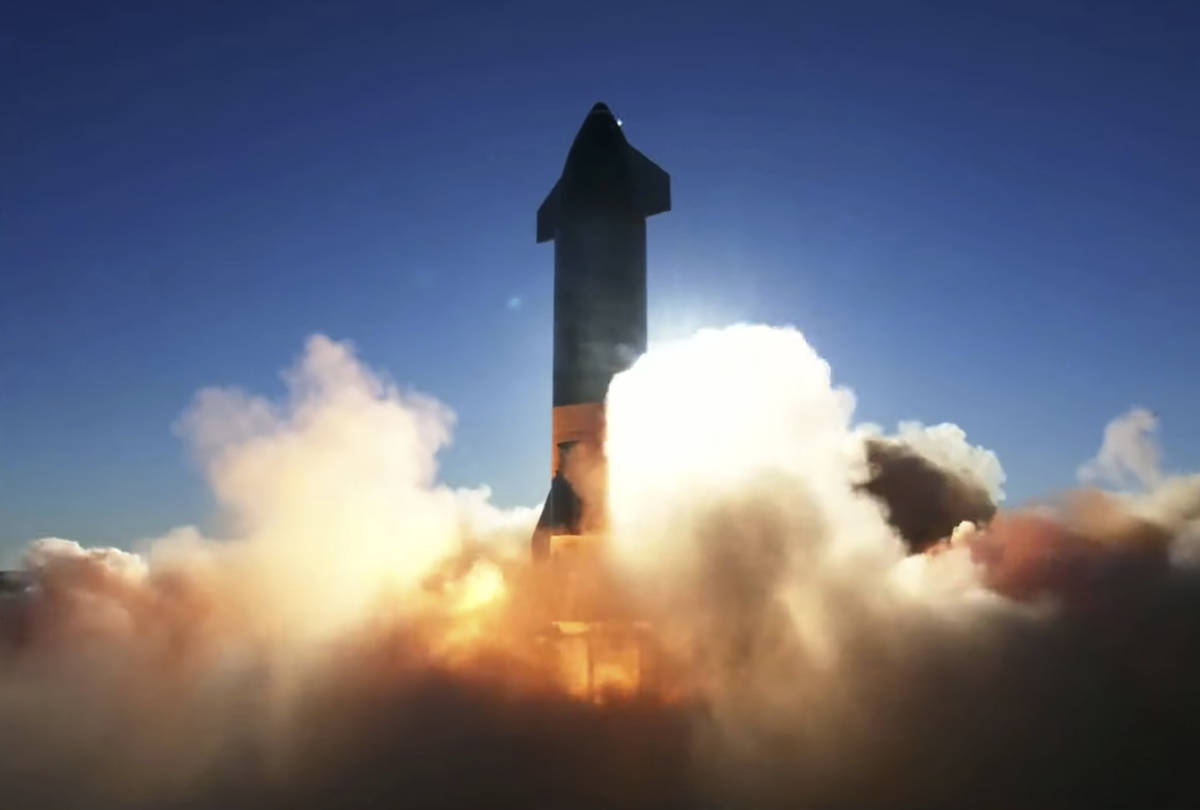 In this screen grab from video posted by SpaceX, the company's Starship launches for a test fli ...