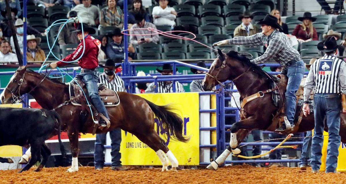 Logan Medlin performs during the 7th go-round of the National Finals Rodeo in Arlington, Texas, ...