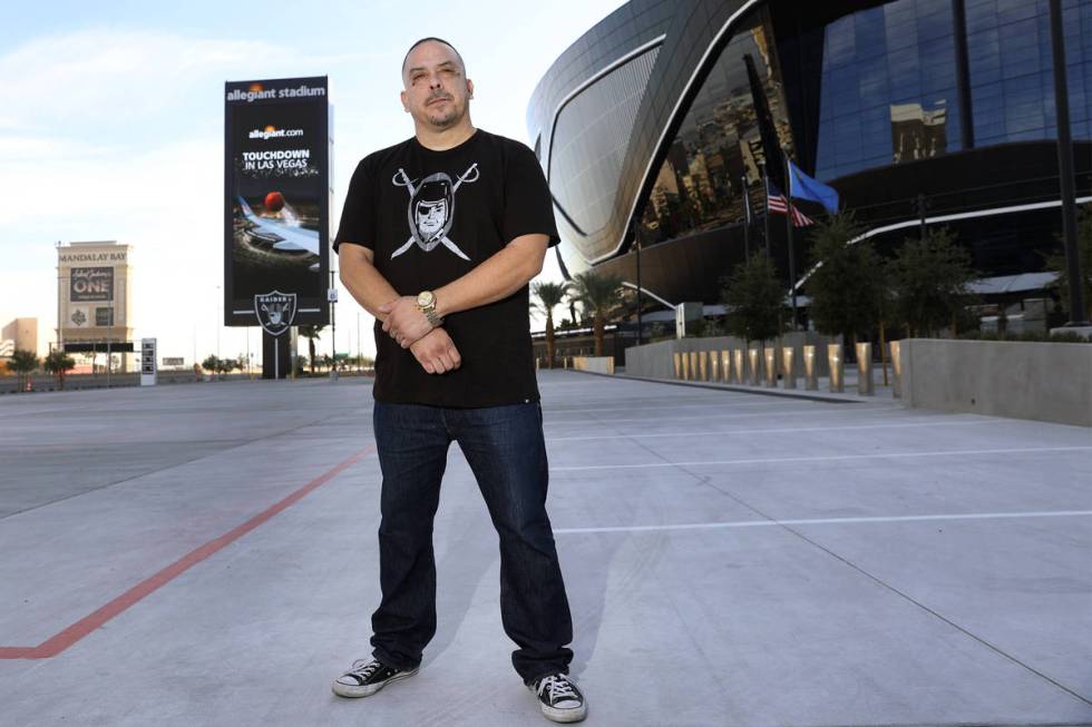 Rick Gonzalez, also known G Minor the DJ, poses for a portrait at Allegiant Stadium in Las Vega ...