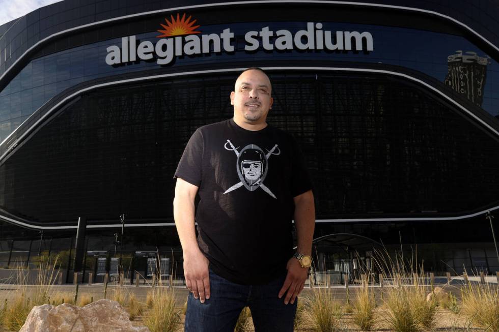 Rick Gonzalez, also known G Minor the DJ, poses for a portrait at Allegiant Stadium in Las Vega ...