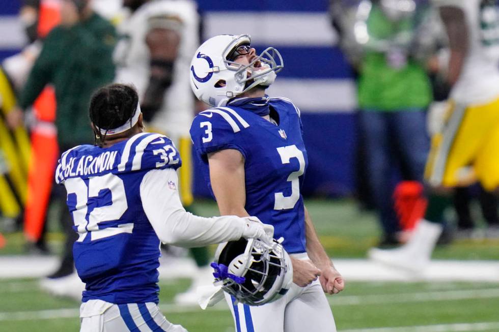 Indianapolis Colts kicker Rodrigo Blankenship (3) celebrates making the game winning field goal ...