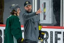 In this July 23, 2020, file photo, Vegas Golden Knights head coach Peter DeBoer, right, talks ...